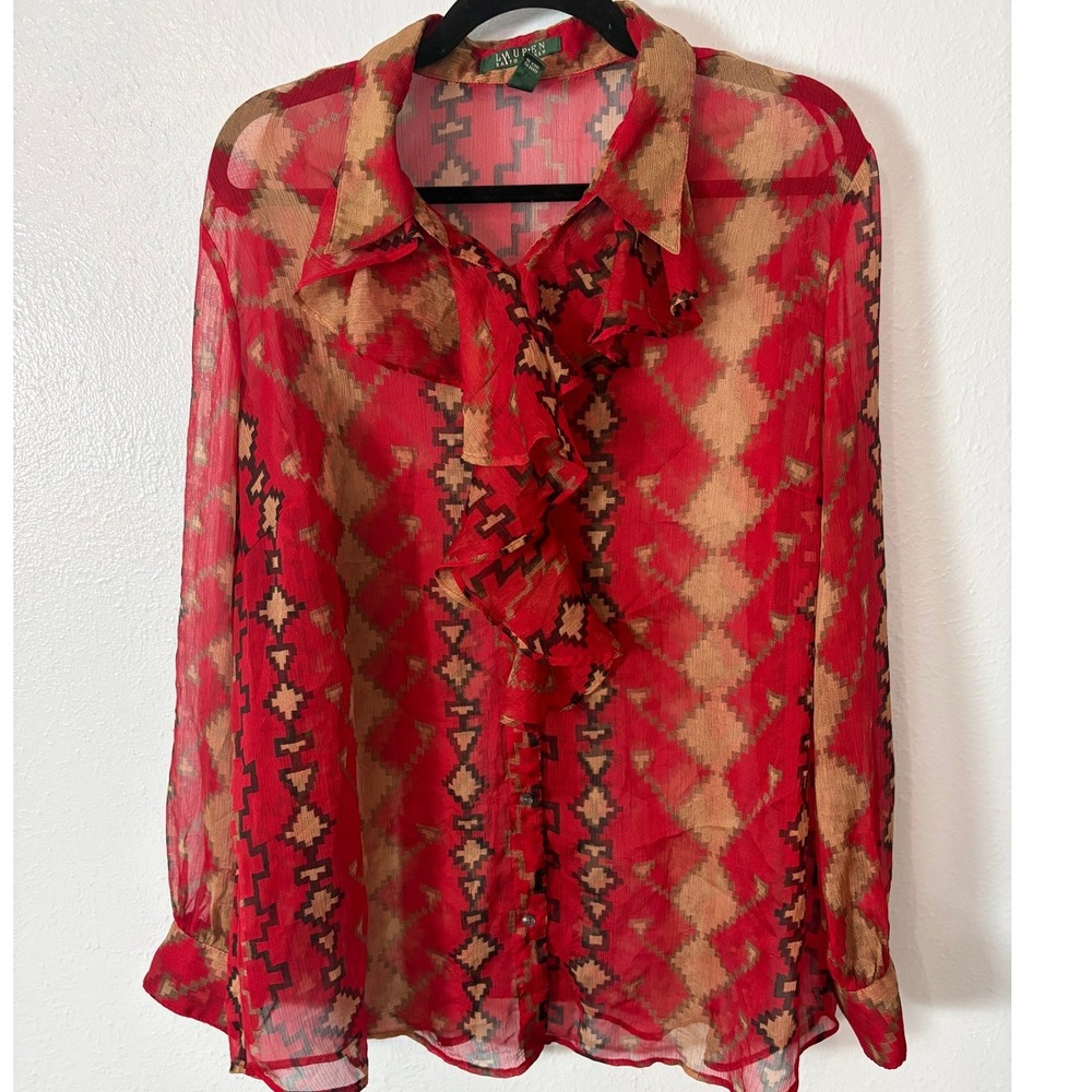 Lauren Ralph Lauren Red Southwestern Ruffle Chiffon Blouse 2X Equestrian Western